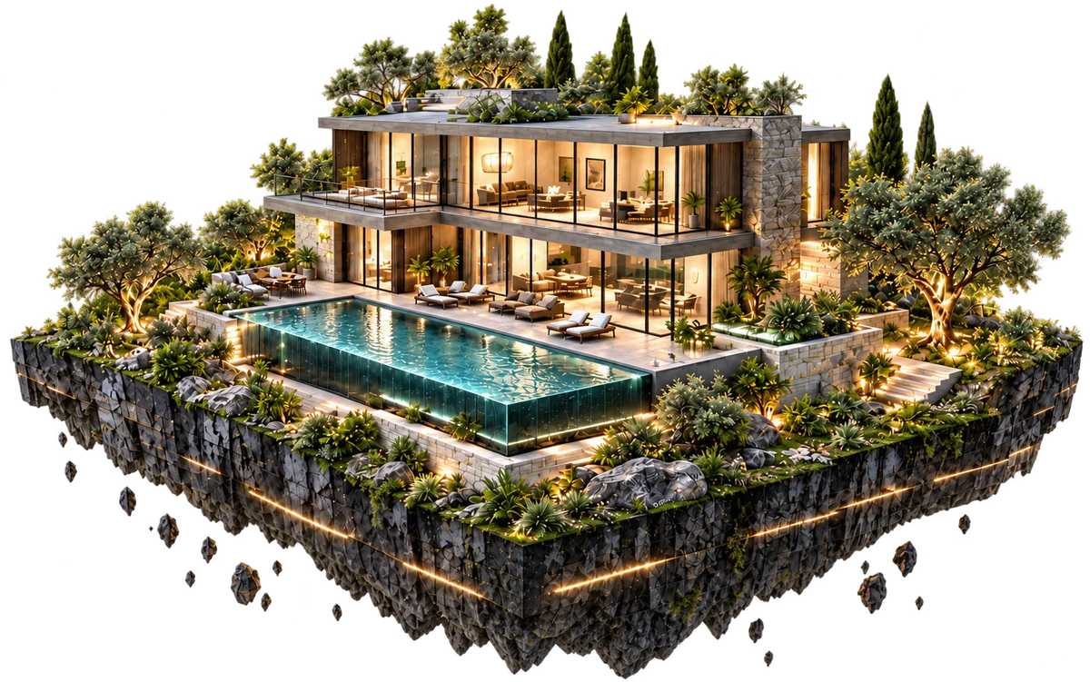 A modern glass and stone home with illuminated rooms, a swimming pool and trees, floating on a landscaped island.
