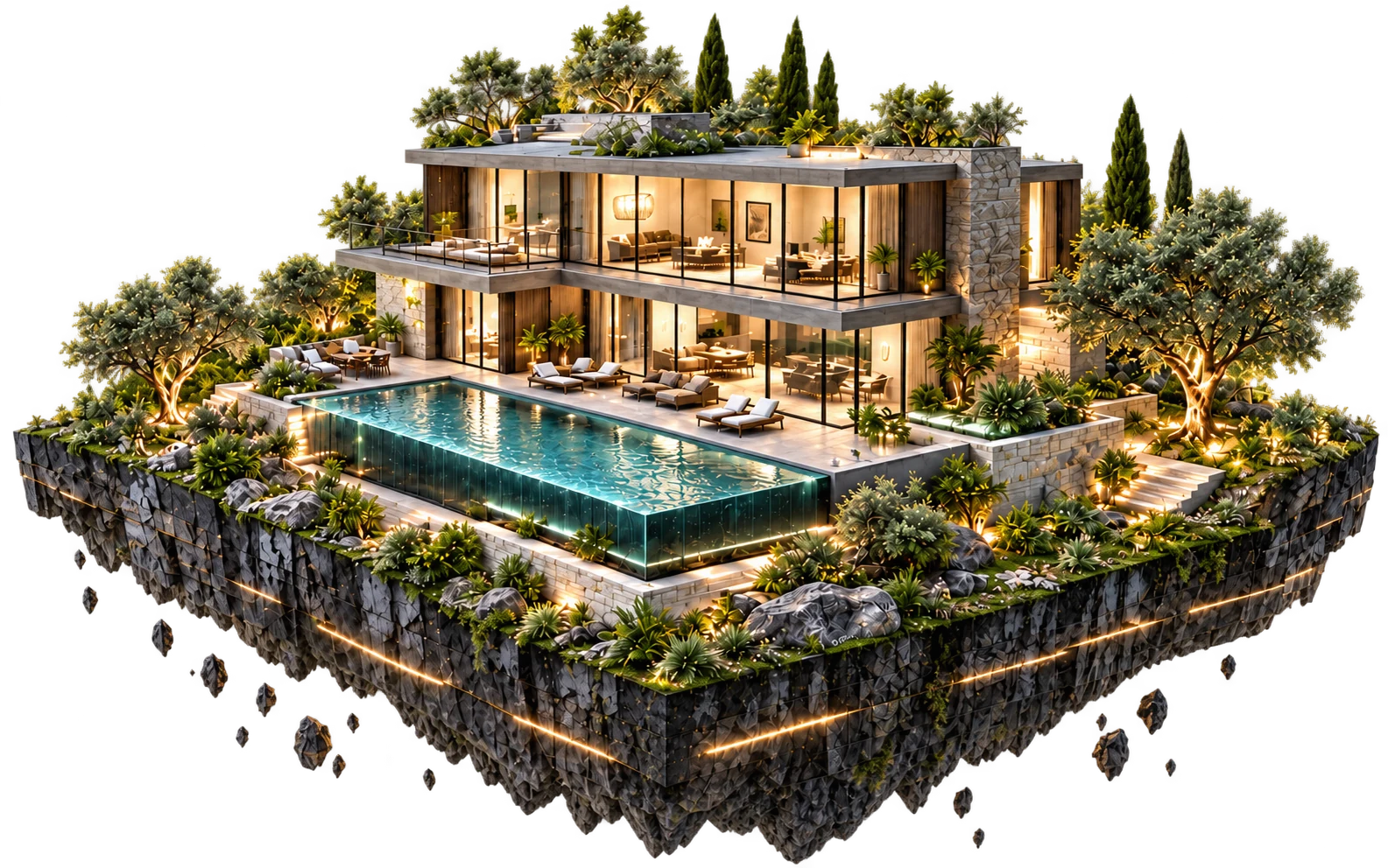 Illuminated glass residence, pool and garden on a broad floating stone island connected to an AI processor.