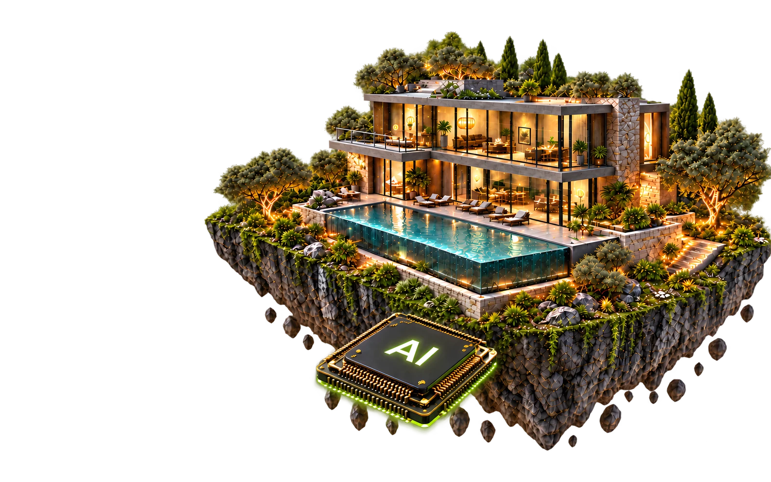 Detailed illuminated glass residence, pool and garden on a floating stone island, linked to a compact graphite and gold AI processor.