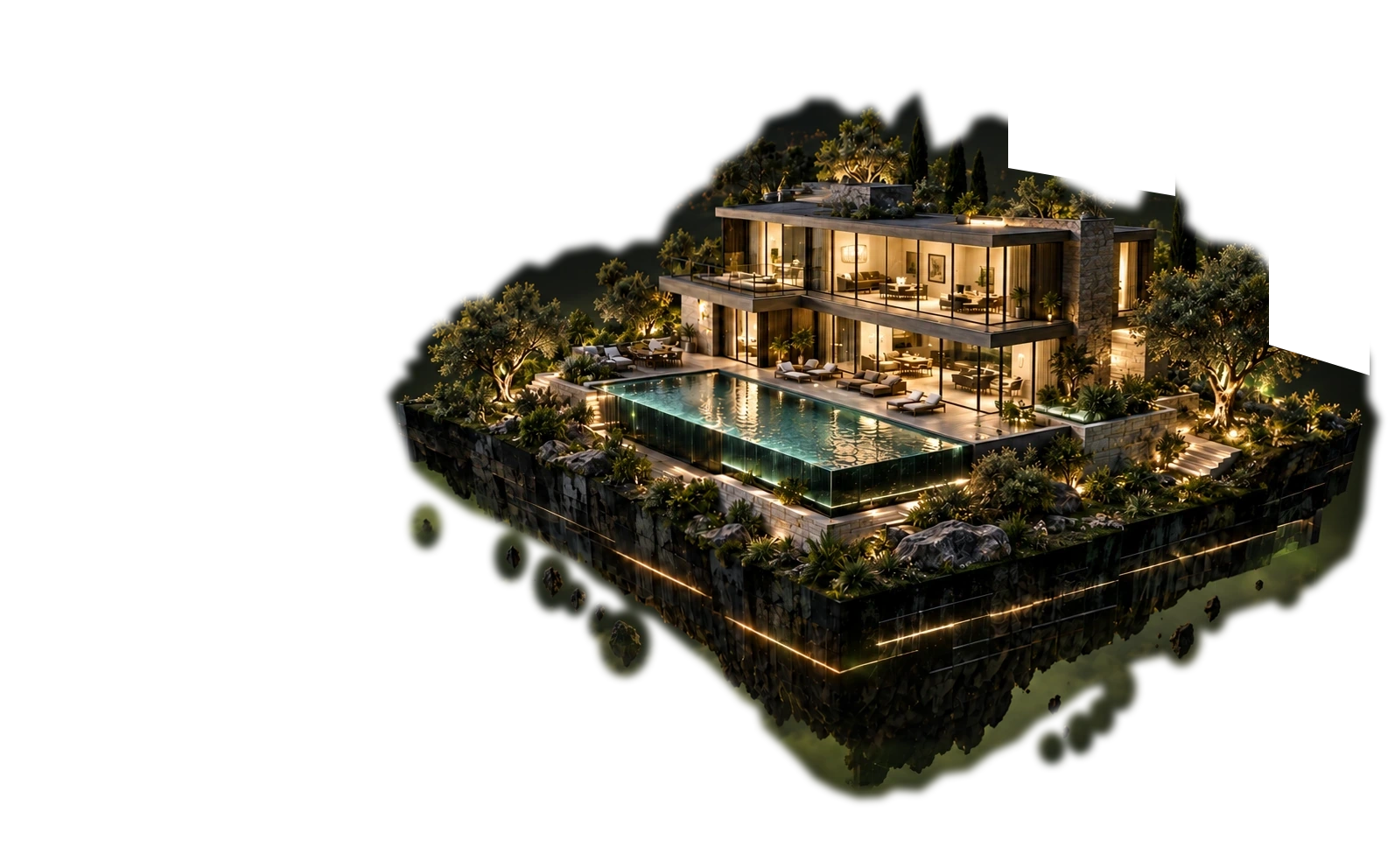 A luminous modern home and pool on a floating stone island, with three glass AI cards, green light trails and mist against a mountain lake at night.