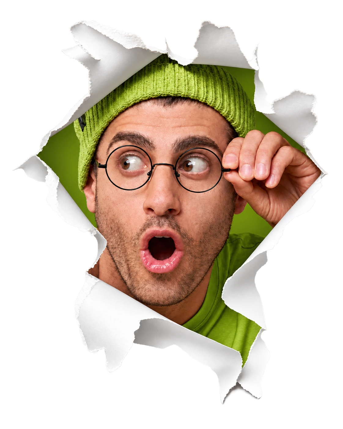 A man in Ogle green, wearing round glasses, breaks through torn white paper.