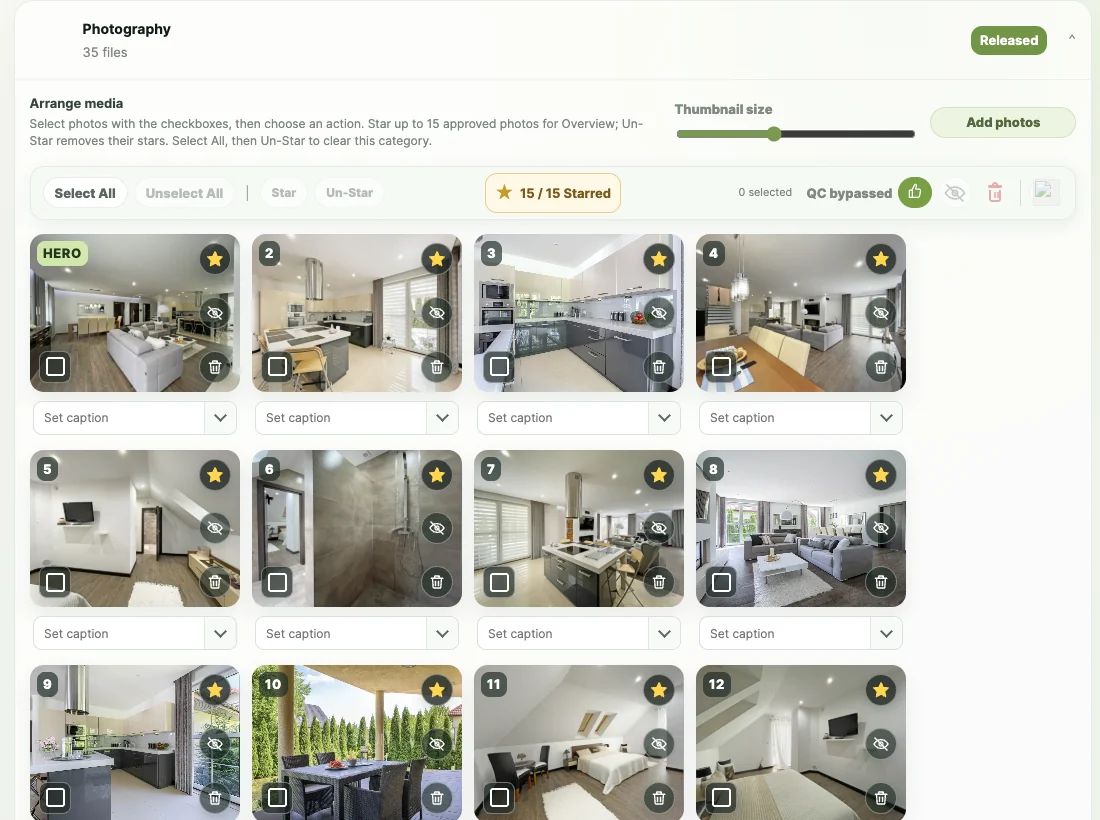 Actual Ogle media workspace with sample listing photos, star selections and review/release controls.